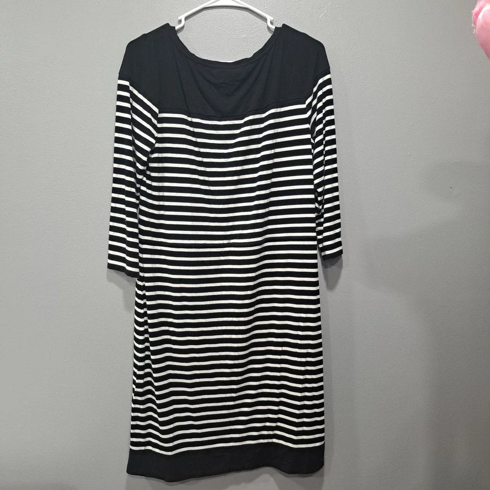White House Black Market Striped Drawstring Knit Dress Black White 3/4‎ Sleeve M